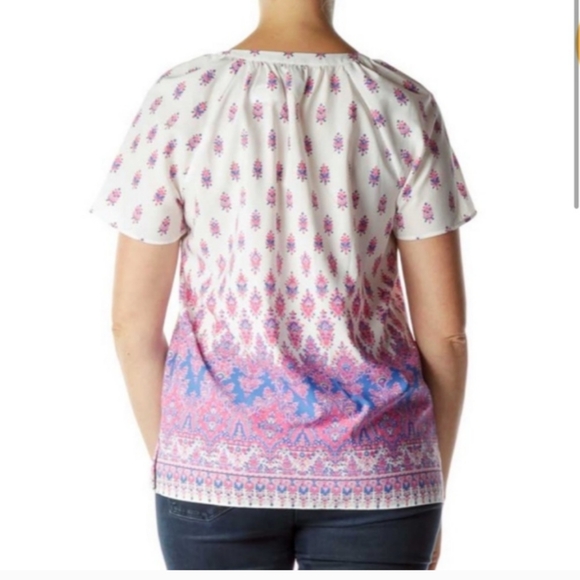 Talbots Women's Blouse medium Pink Floral Short Sleeve Tunic - Picture 2 of 7